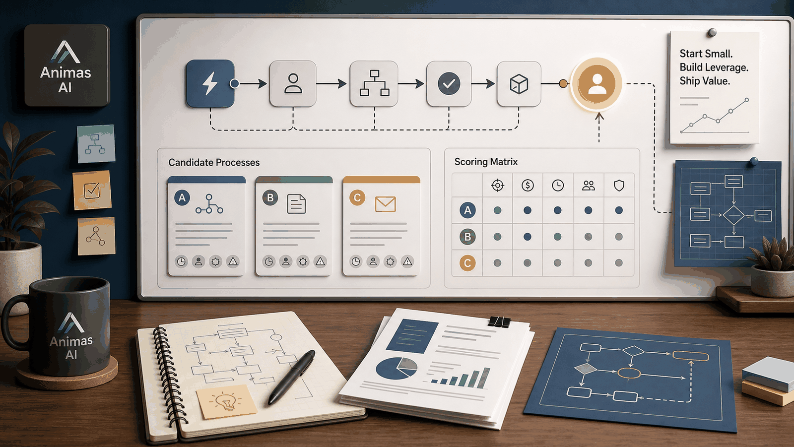 Animas AI workflow board for choosing a first AI automation project.