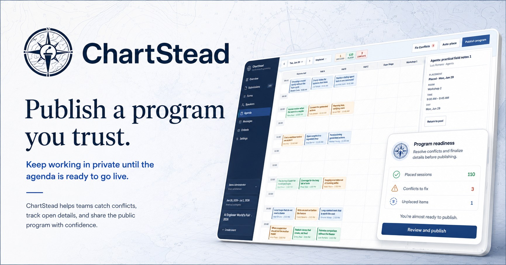 ChartStead product showcase: publish a program you trust, with agenda readiness and fictional sample data.
