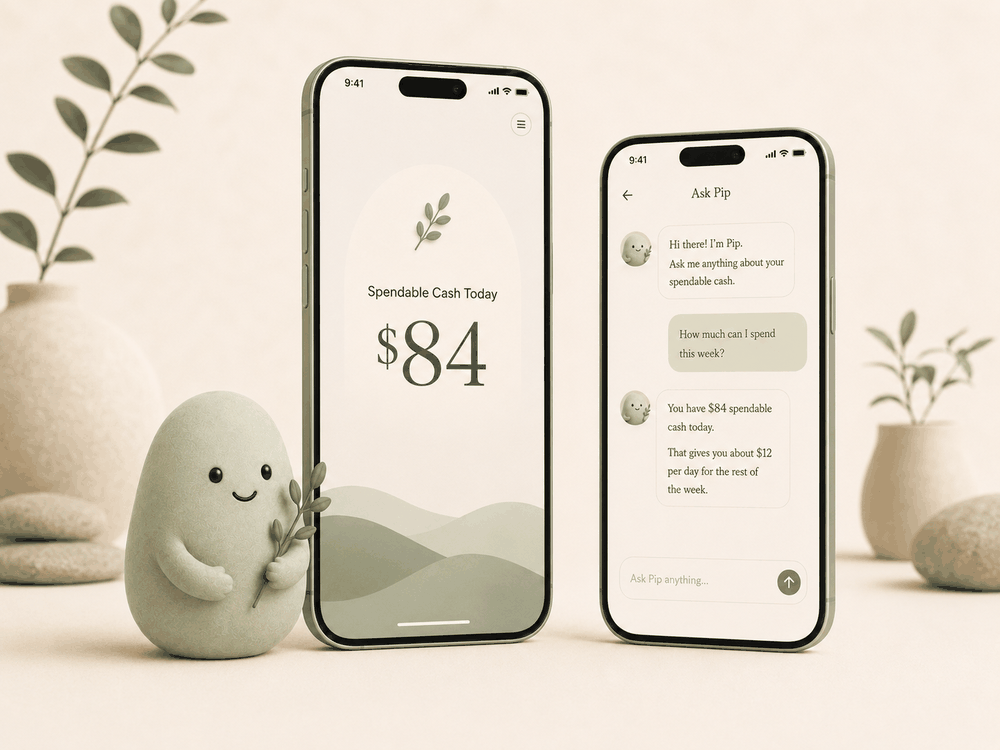 Pip app screens showing Spendable Cash Today and chat.